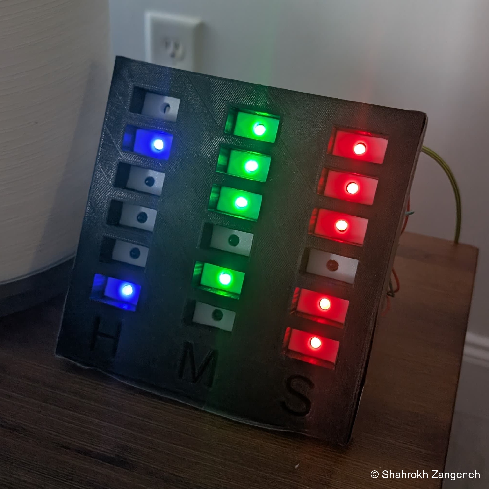Binary clock with 3D printed enclosure showing H, M, S LED columns