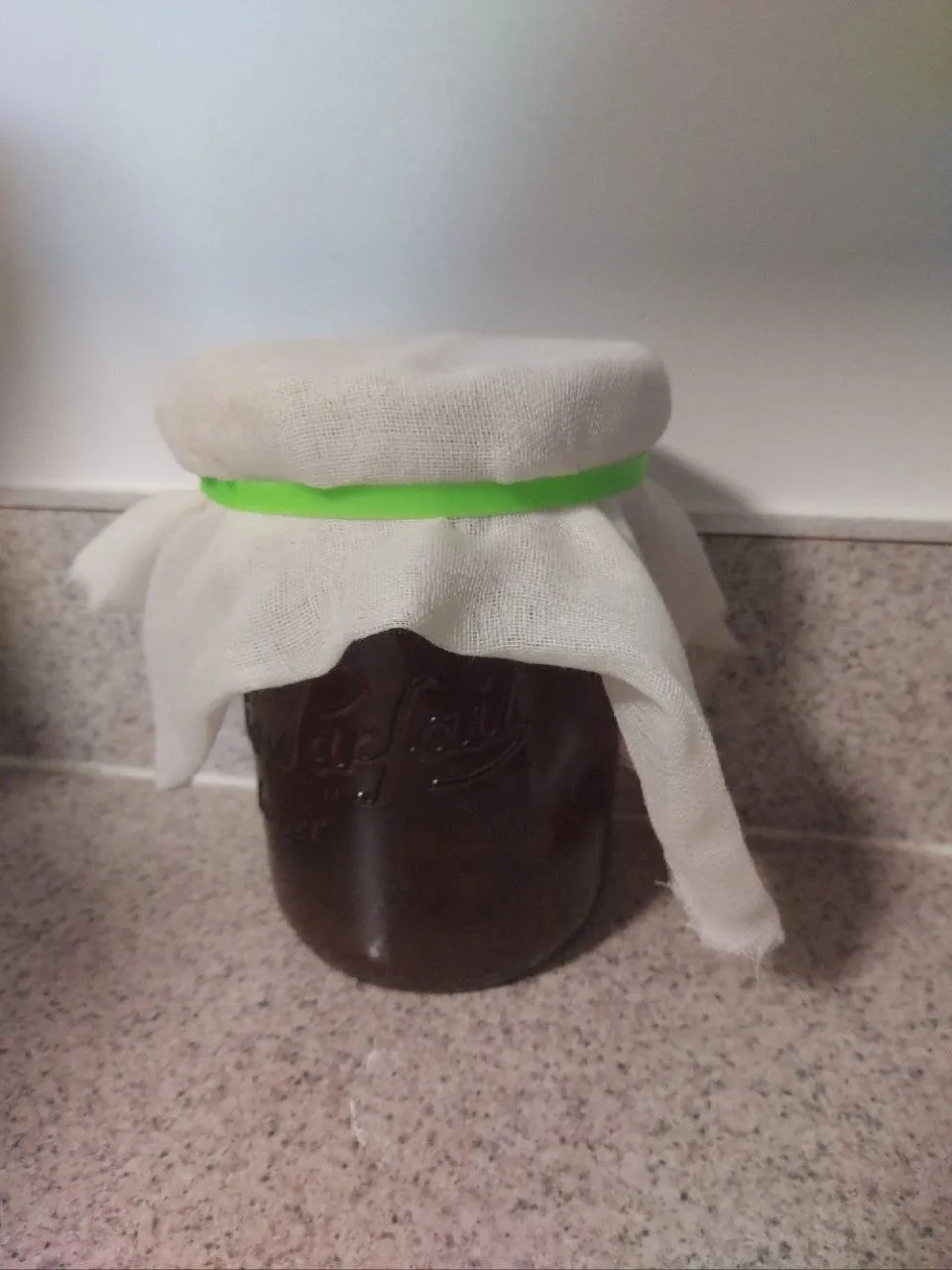 First ferment — cheesecloth cover, rubber band, mason jar