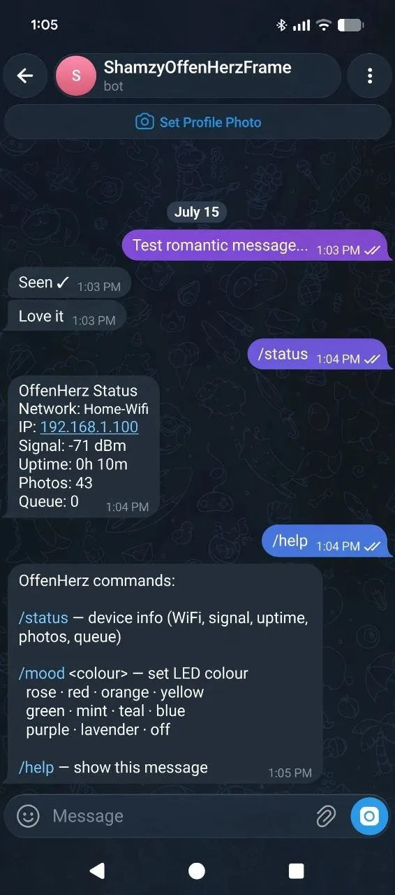 Telegram showing the sent message, Seen receipt, and Love it reply